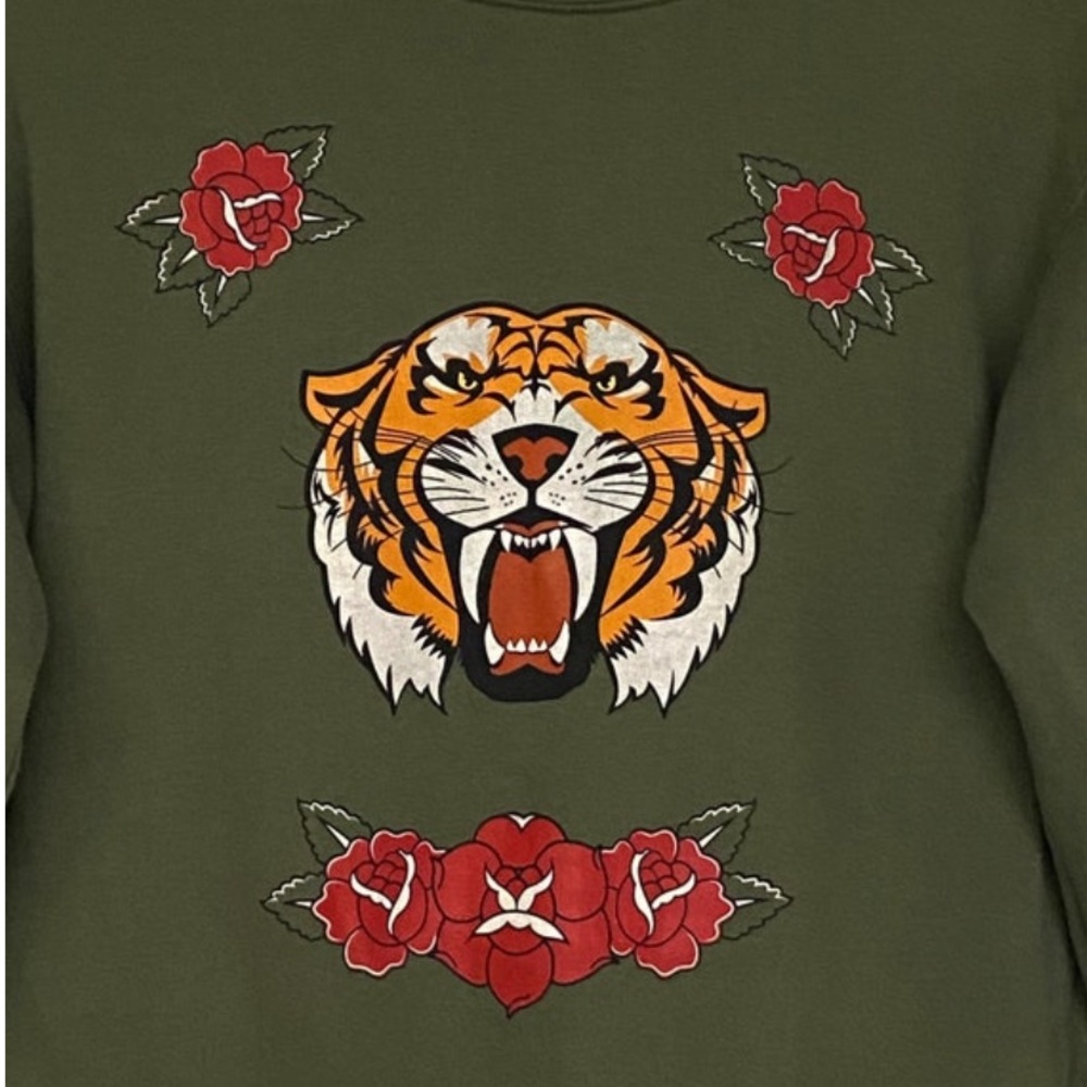 Tiger Roses Sweatshirt Army Green Made by Wound Up Size XS - Picture 2 of 5